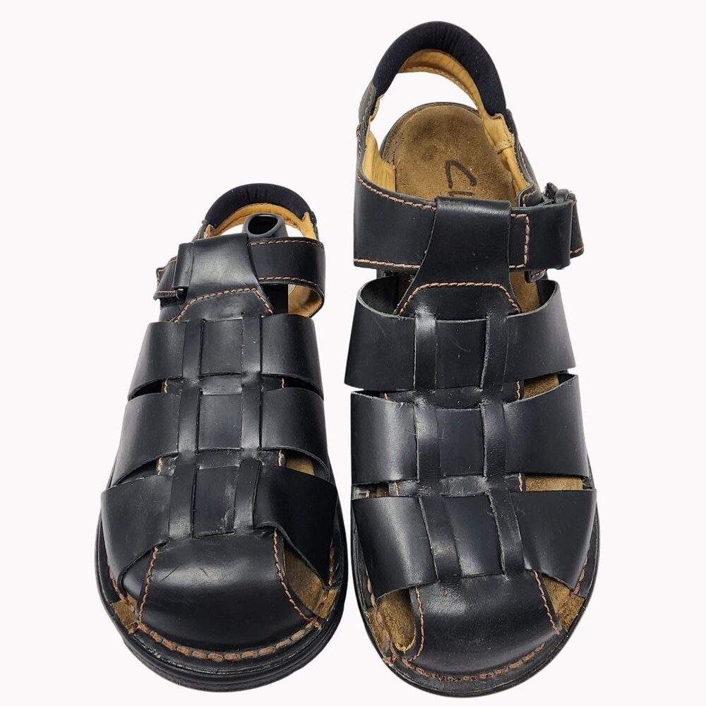 Clarks Mens Size 12M Black Leather Weave Strap Sandals Made in Italy